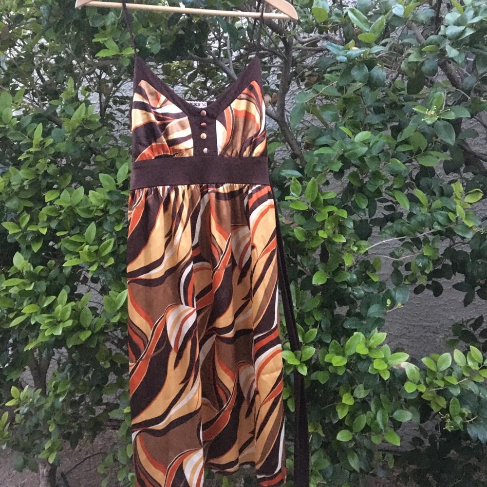 Forever 21 brown cream retro midi silky dress